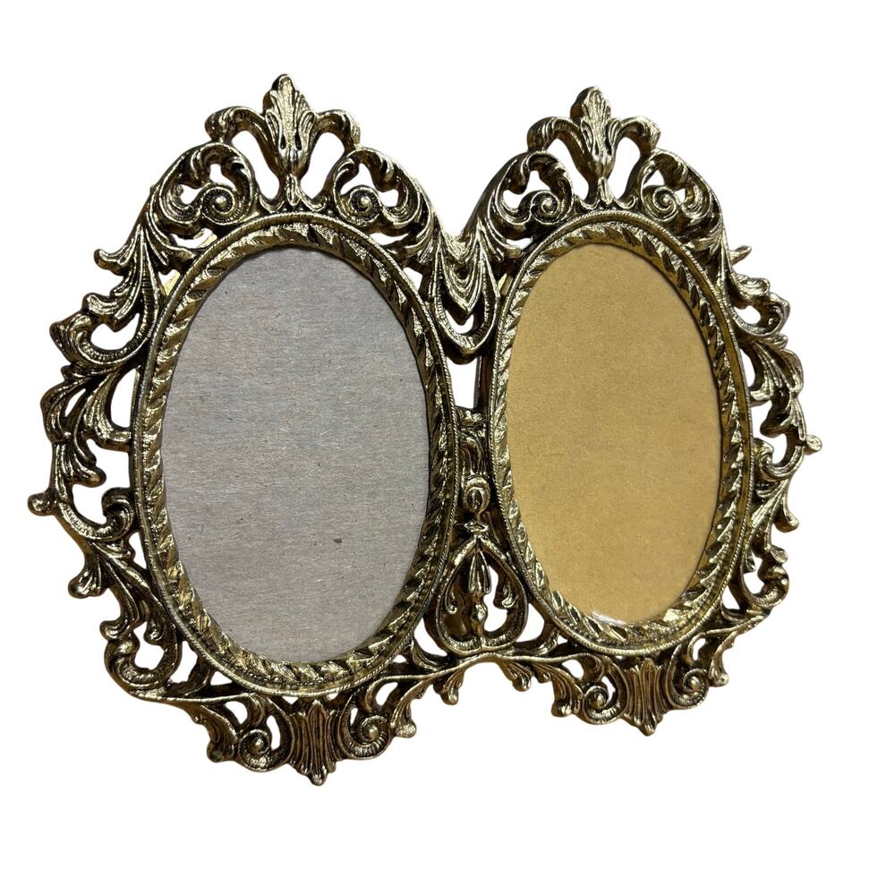 Vtg Small Metal Brass Gold Tone Antique DOUBLE PHOTO Picture Frame fits 2.5x3.5”